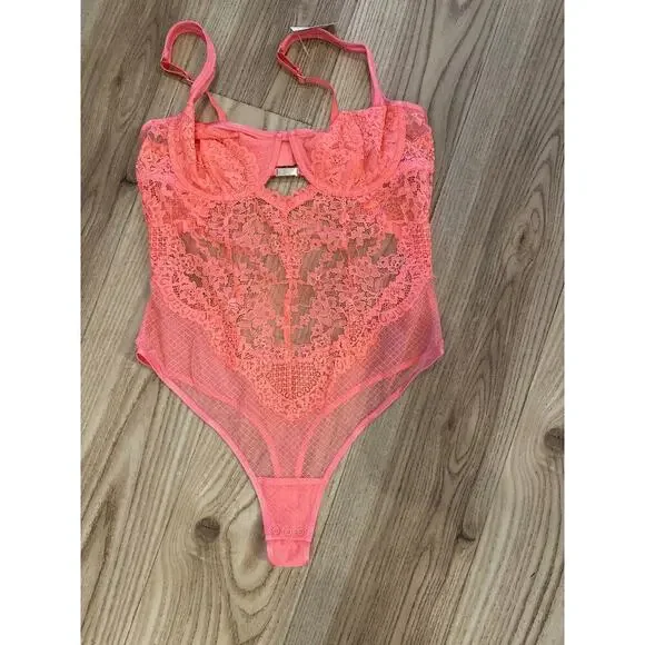 Aerie Show Off Unlined Lace Bodysuit Coral Color 38 C NWT adjustable strap - Picture 2 of 7